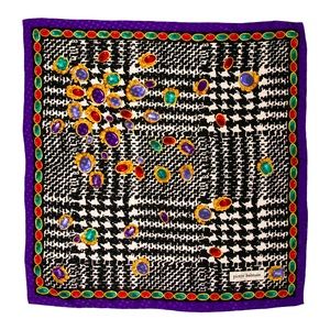 PIERRE BALMAIN Rare Vintage Houndstooth & Jewel Purple Border Printed Silk Scarf